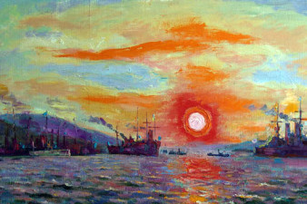 Май 1904 г. Раннее утро на внутреннем рейде Порт-Артура.2003. Холст, масло, 70х120